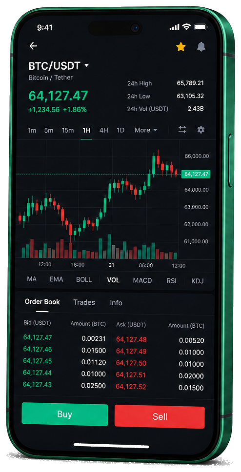 Application mobile Forte Rendovale — graphique BTC/USDT en temps réel, carnet d’ordres et outils de trading